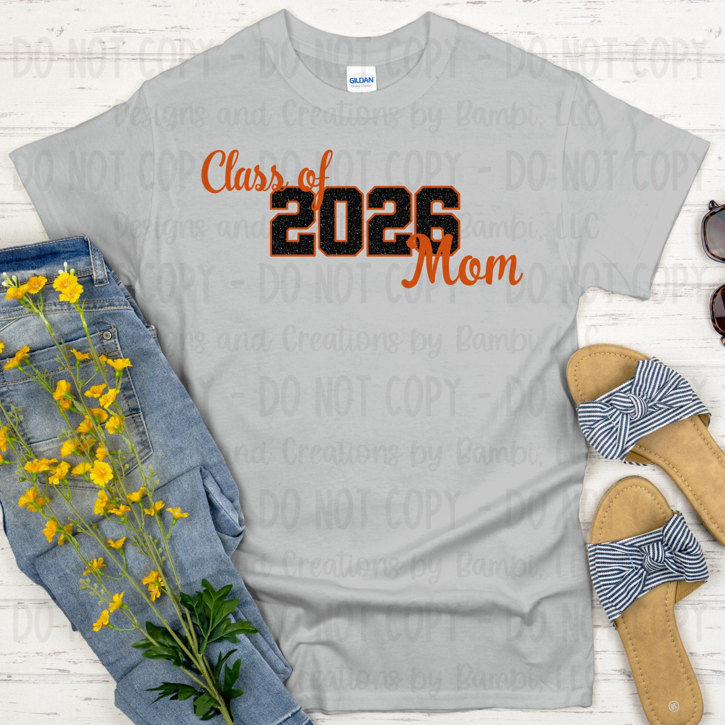 Class of 2026 Mom Faux Glitter/Embroidery Black with Orange Outline and Orange Font