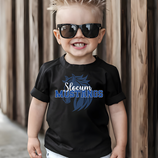 Slocum Mustangs Faux Blue Glitter White Outline with Mustang in Background