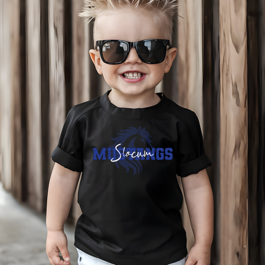 Slocum Mustangs in Faux Blue Sequin with Mustang in Background