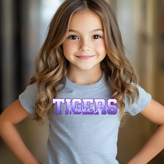 Kennard Tigers in White to Purple Ombre Faux Glitter Purple Outline with White Overlay