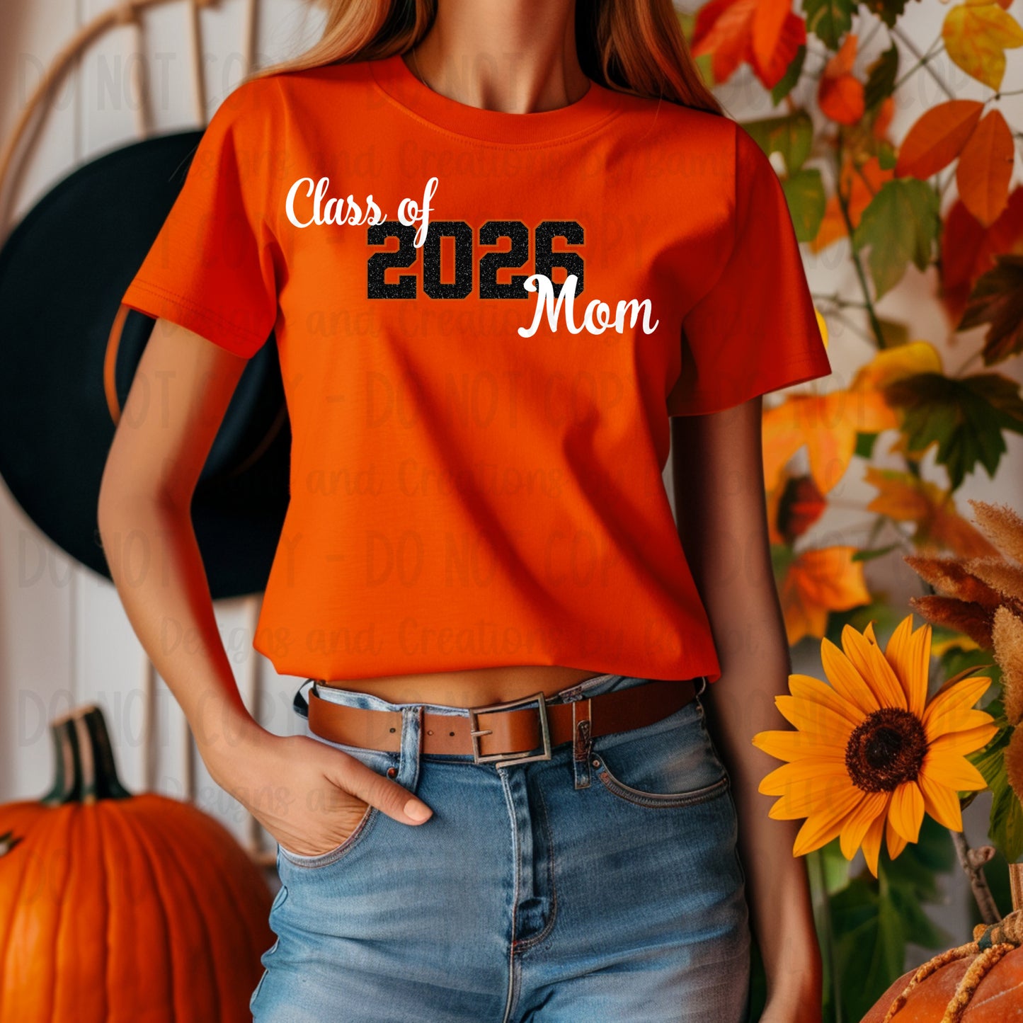 Class of 2026 Mom Faux Glitter/Embroidery Black with Orange Outline and White Font
