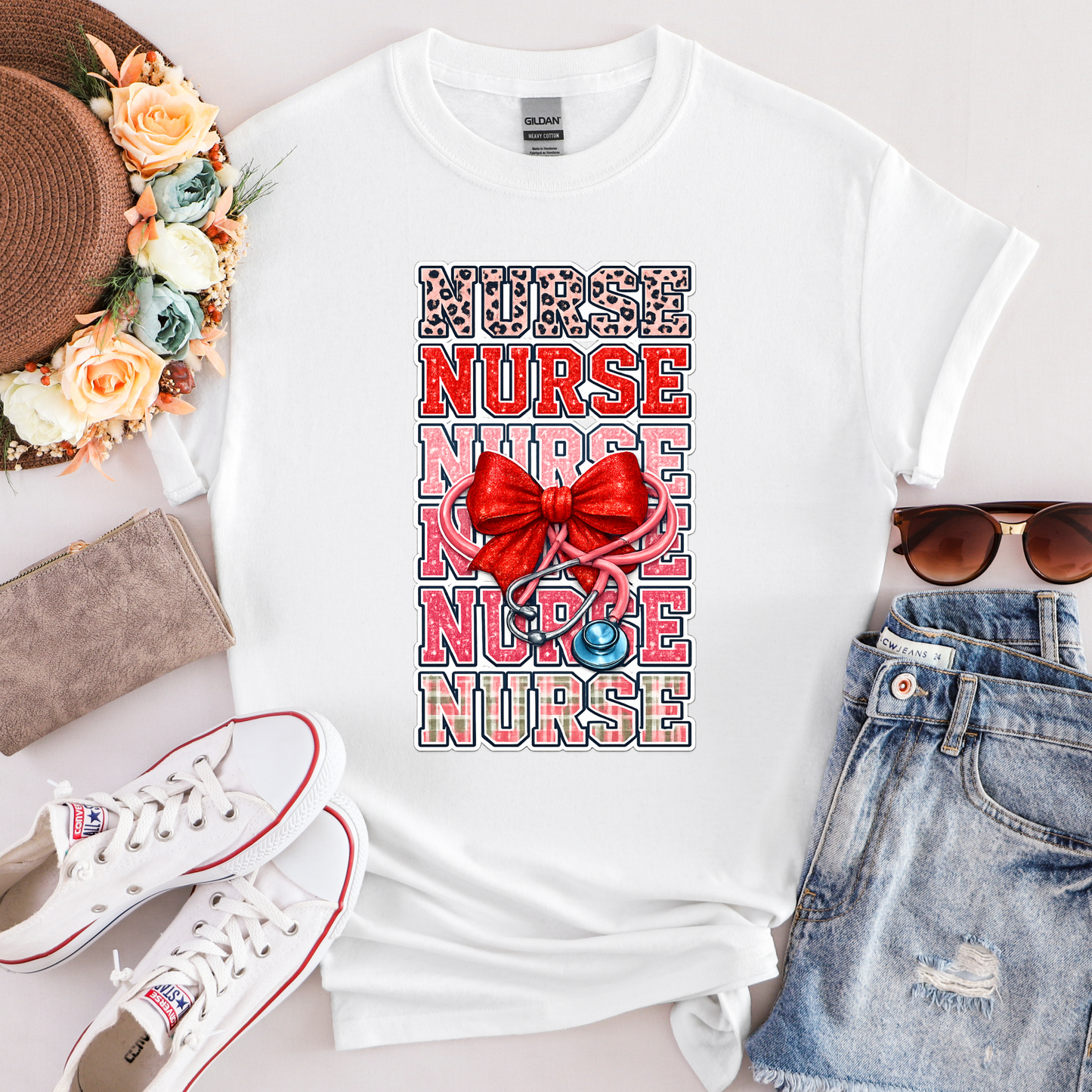 Faux Embroidery Nurse Stacked with Leopard and Red