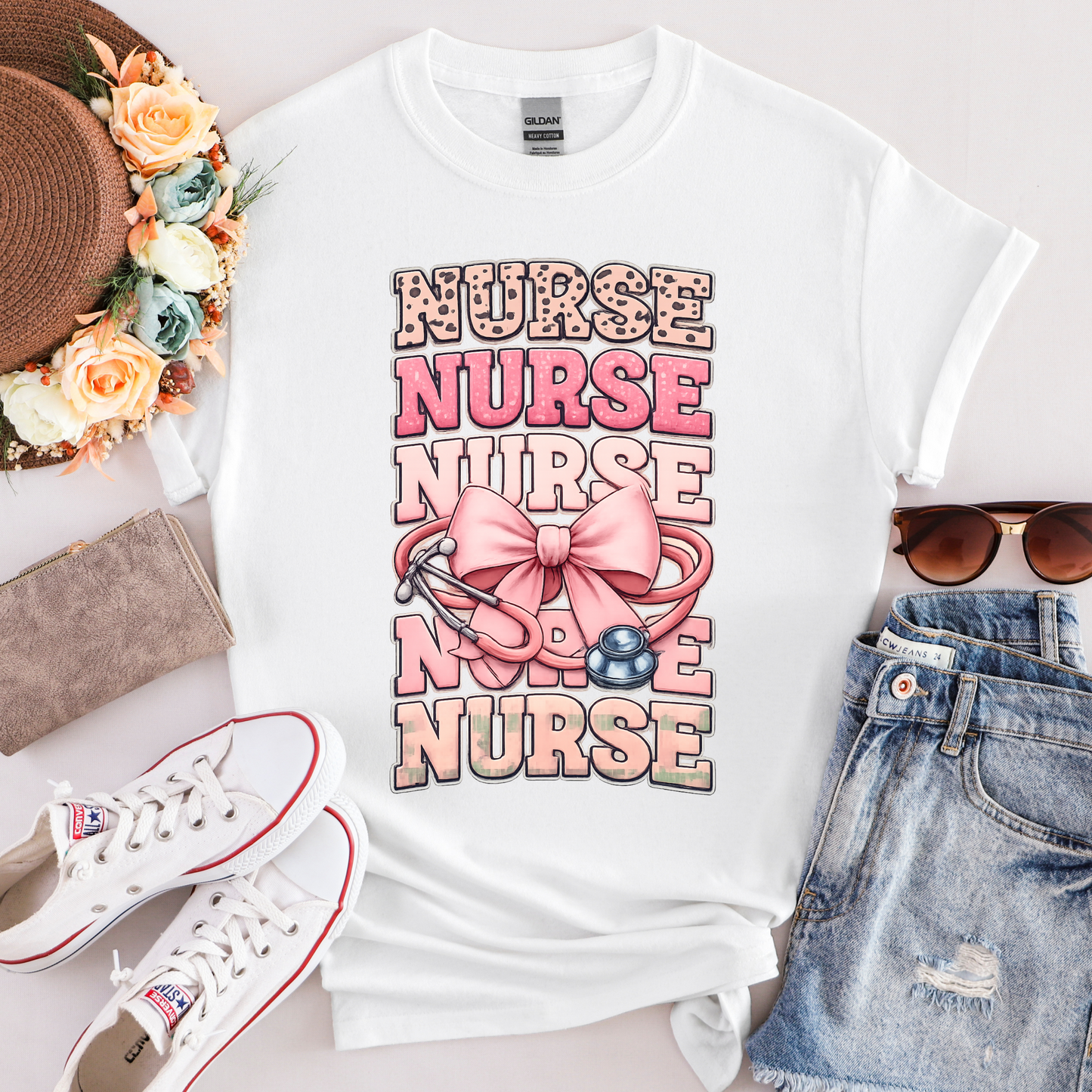 Faux Embroidery Nurse Stacked with Leopard and Pink