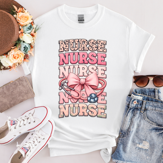 Faux Embroidery Nurse Stacked with Leopard and Pink