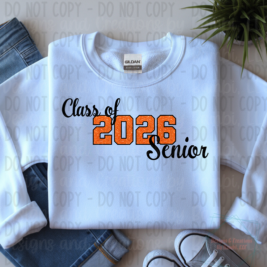 Class of 2026 Senior Faux Glitter Orange with Black Outline and Black Font