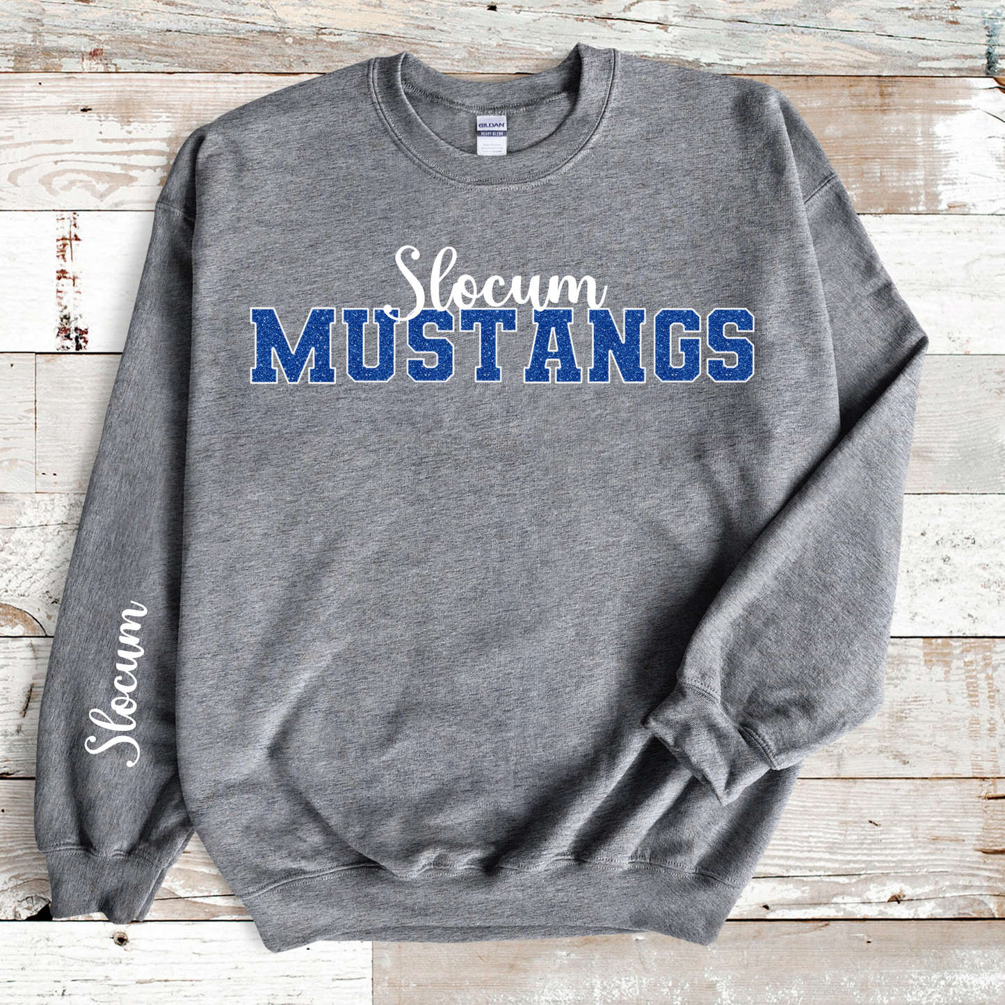 Slocum Mustangs Faux Blue Glitter White Outline Slocum White in Sleeve Print
