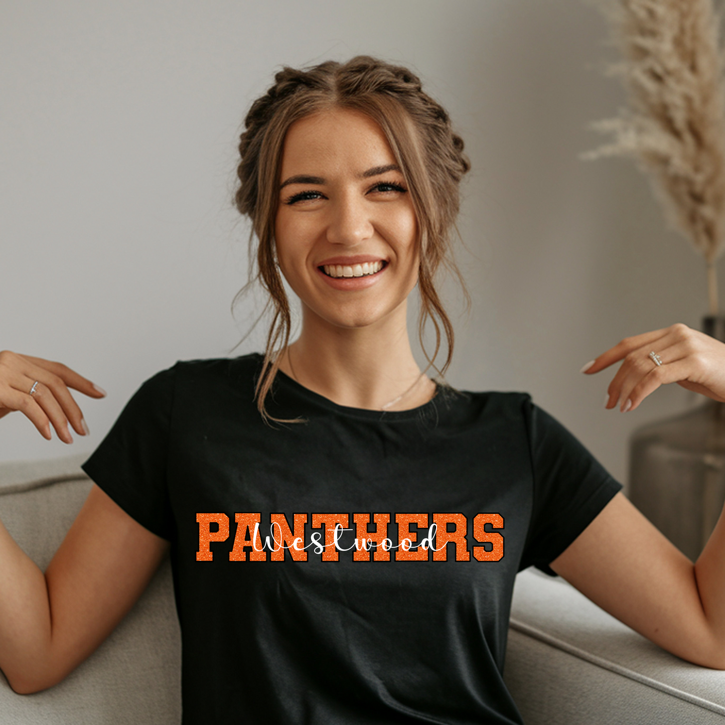 Panthers in Faux Orange Sequin with Westwood White Overlay