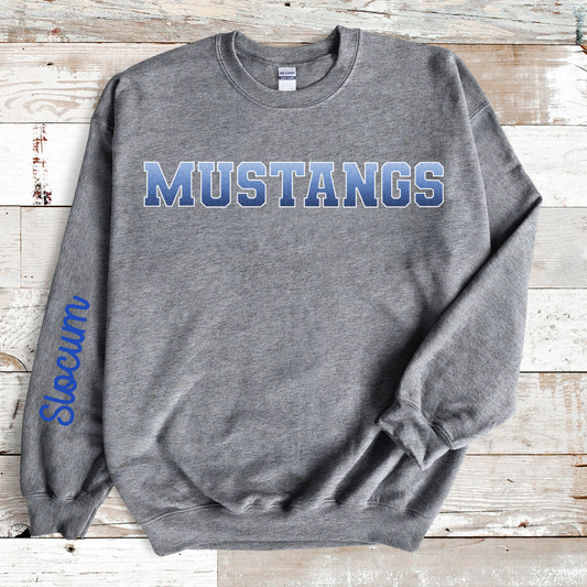 Mustangs Faux Blue Ombre Glitter White Outline with Slocum Sleeve Print