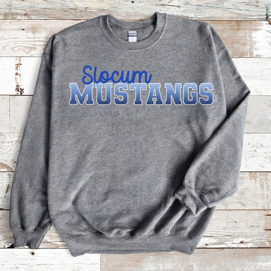 Slocum Mustangs in Faux Ombre Blue Glitter with Blue Font (Long Sleeve)