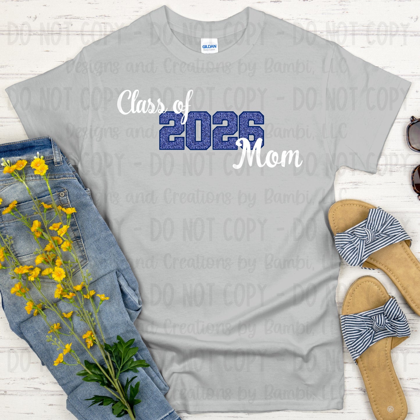 Class of 2026 Mom Faux Glitter/Embroidery Blue with Blue Outline and White Font