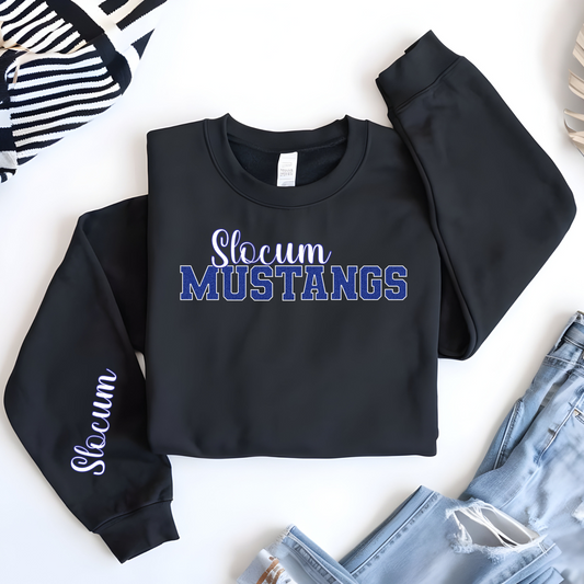 Slocum Mustangs faux Blue Glitter Blue Outline with Sleeve Print