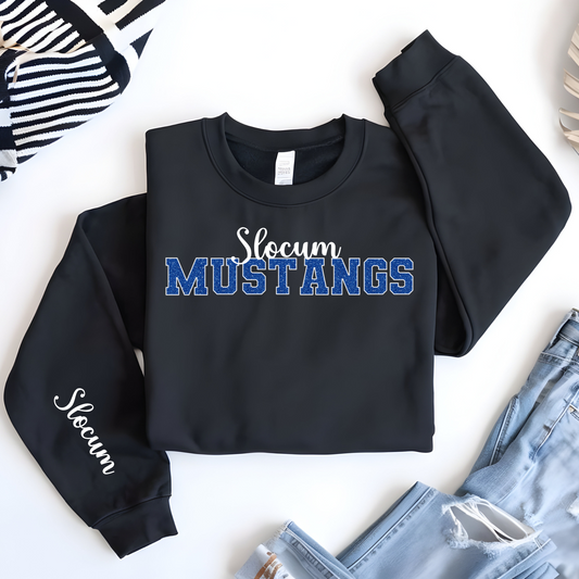 Slocum Mustangs Faux Blue Glitter White Outline Slocum White in Sleeve Print