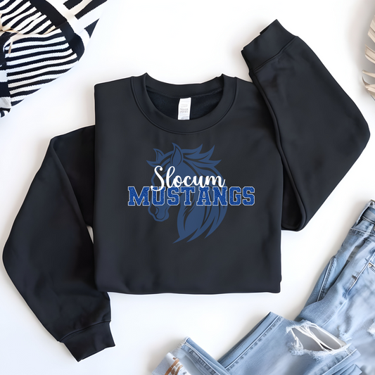 Slocum Mustangs Faux Blue Glitter White Outline Mustang in Background (Long Sleeve)