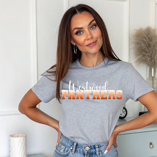 Panthers in Ombre Orange Faux Glitter with White Outline- Westwood in White