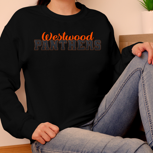 Westwood Panthers with Faux Black Glitter and Orange Outline