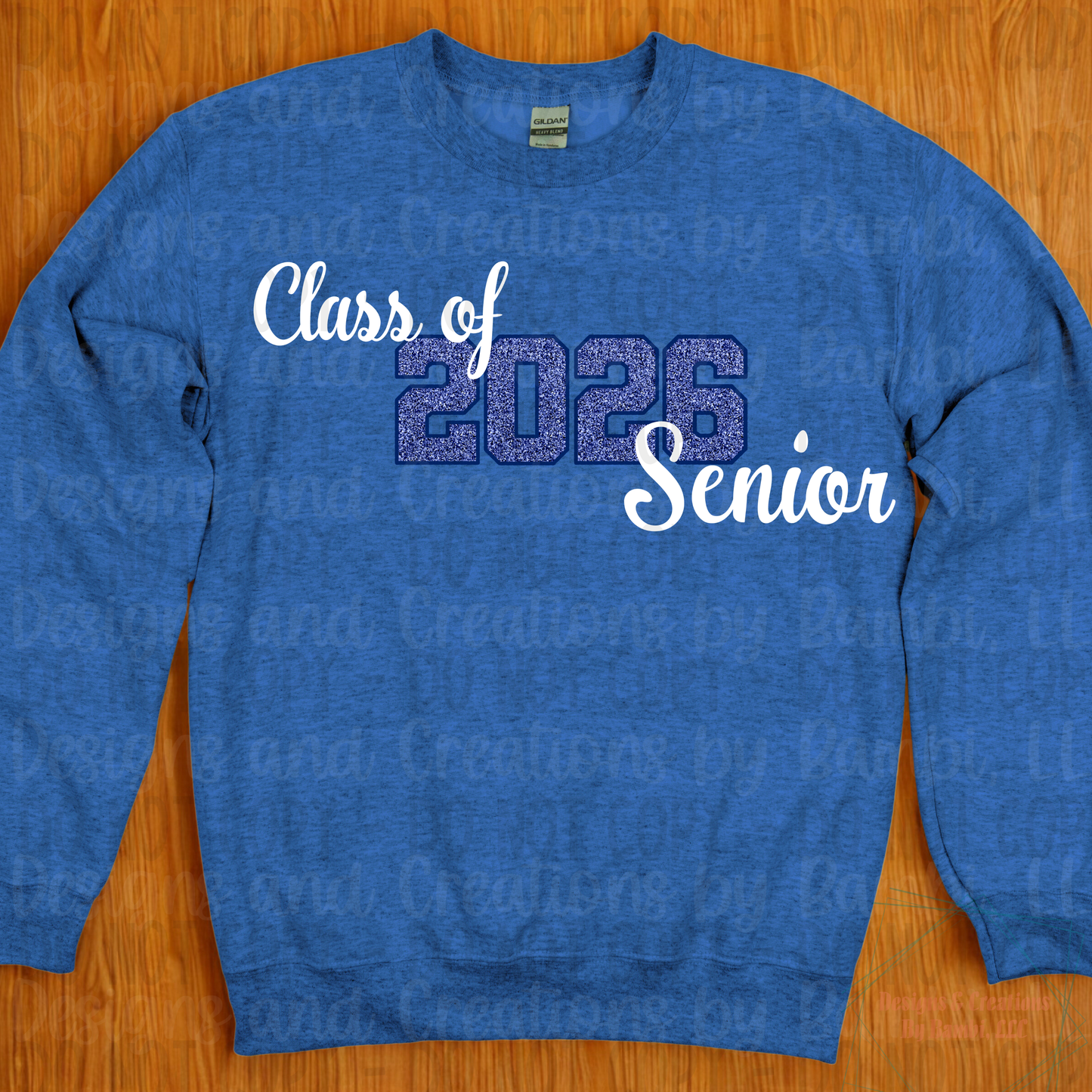 Class of 2026 Senior Faux Glitter Blue with Blue Outline and White Font