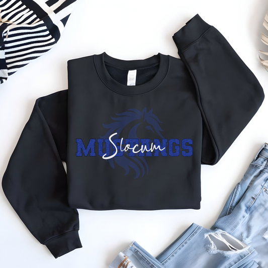 Slocum Mustangs in Faux Blue Sequin with Mustang in Background (Long Sleeve)