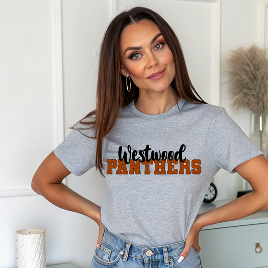 Westwood Panthers in Orange Faux Glitter with Black Outline and Black Westwood