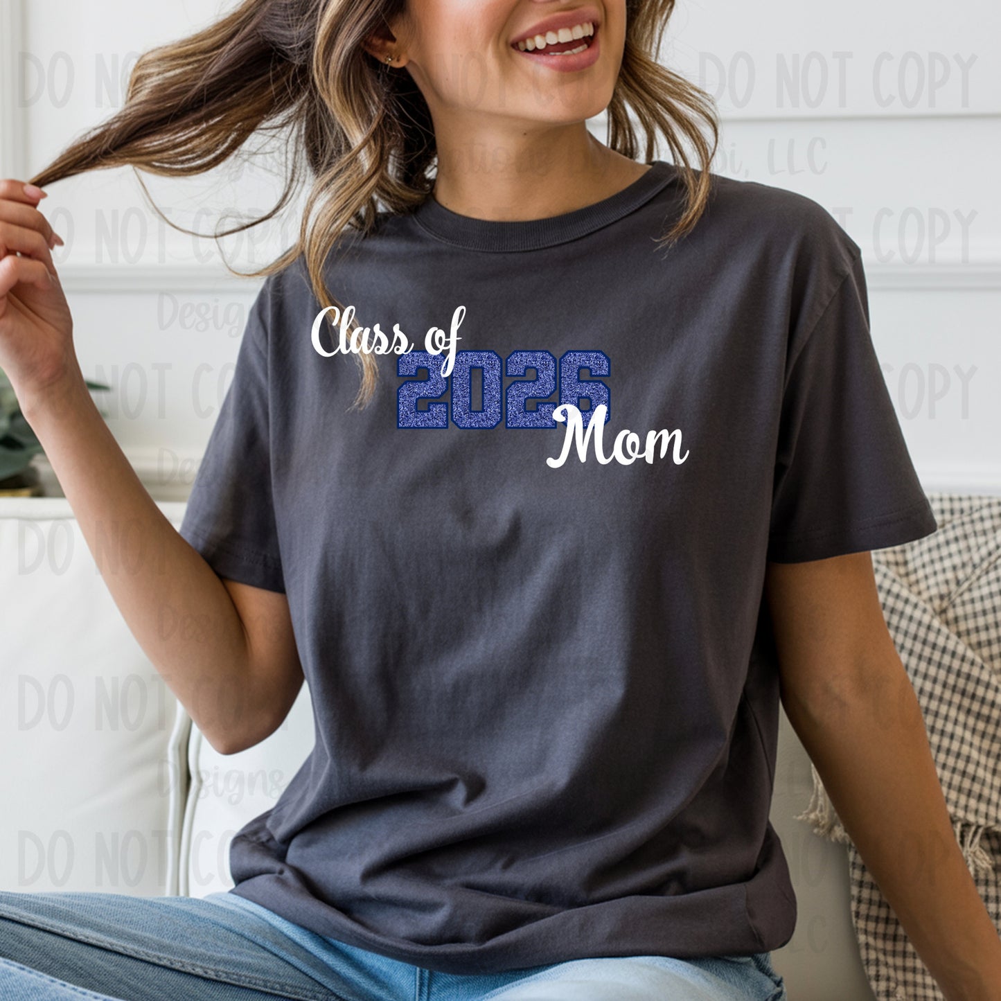 Class of 2026 Mom Faux Glitter/Embroidery Blue with Blue Outline and White Font