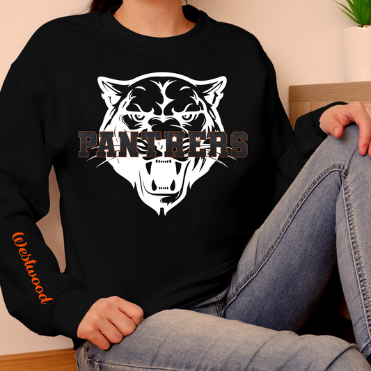 Panthers in Faux Black Glitter with Panther Head in Background- Westwood on Sleeve