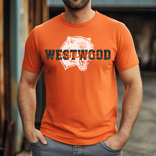 Westwood in Faux Black Glitter with Panther in Background- Orange Panthers Overlay