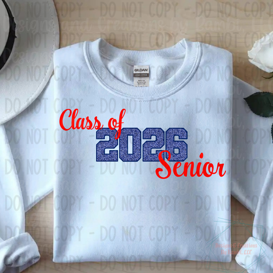 Class of 2026 Senior Faux Glitter Blue with Blue Outline and Red Font
