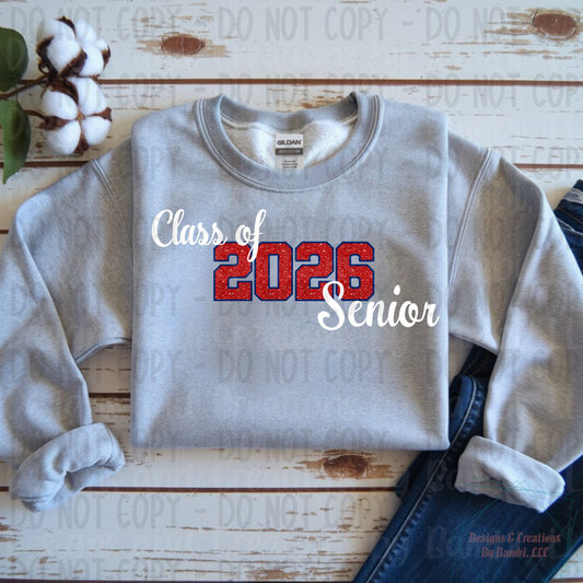 Class of 2026 Senior Faux Glitter Red with Blue Outline and White Font