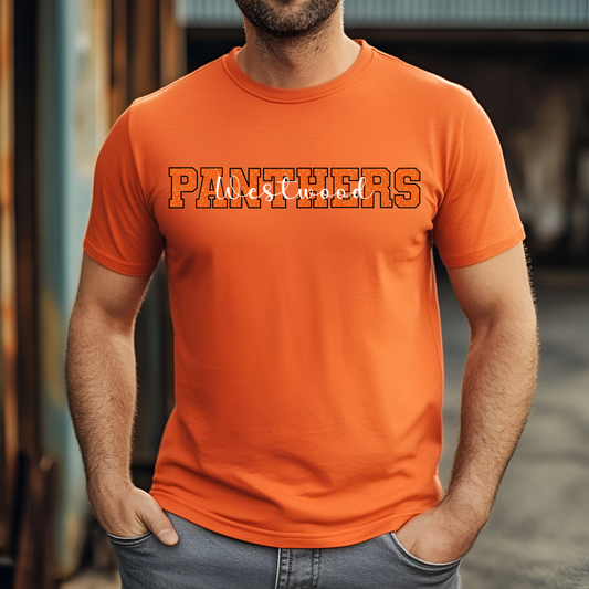 Panthers in Faux Orange Sequin with Westwood White Overlay