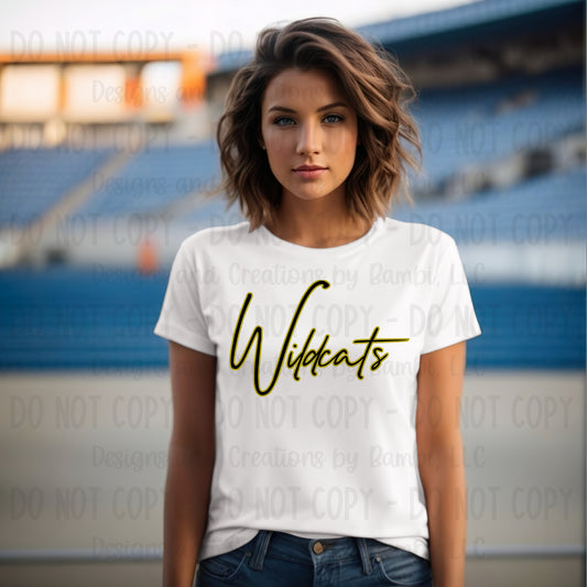 Cayuga Wildcats Script Black with Yellow Gold Outline