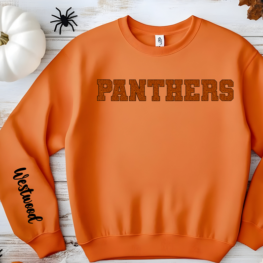 Panthers in Faux Orange Glitter with Black Outline- Westwood Black on Sleeve