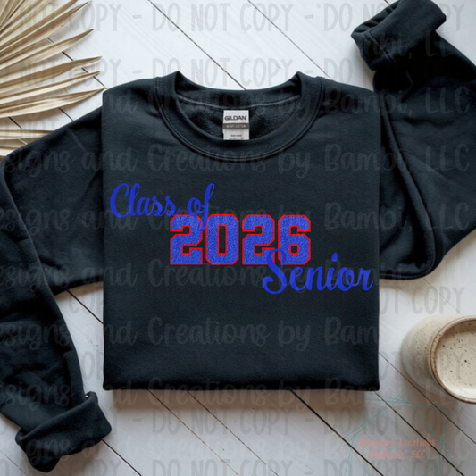 Class of 2026 Senior Faux Glitter Blue with Red Outline and Blue Font