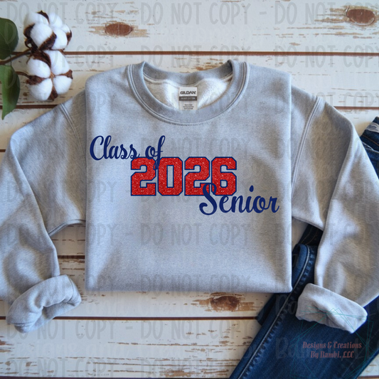 Class of 2026 Senior Faux Glitter Red with Blue Outline and Blue Font