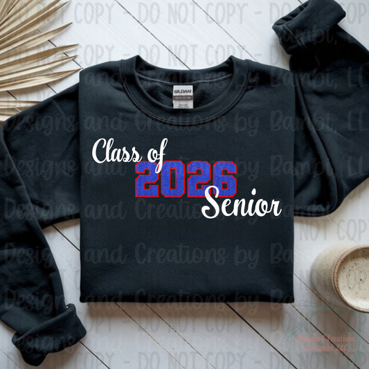 Class of 2026 Senior Faux Glitter Blue with Red Outline and White Font
