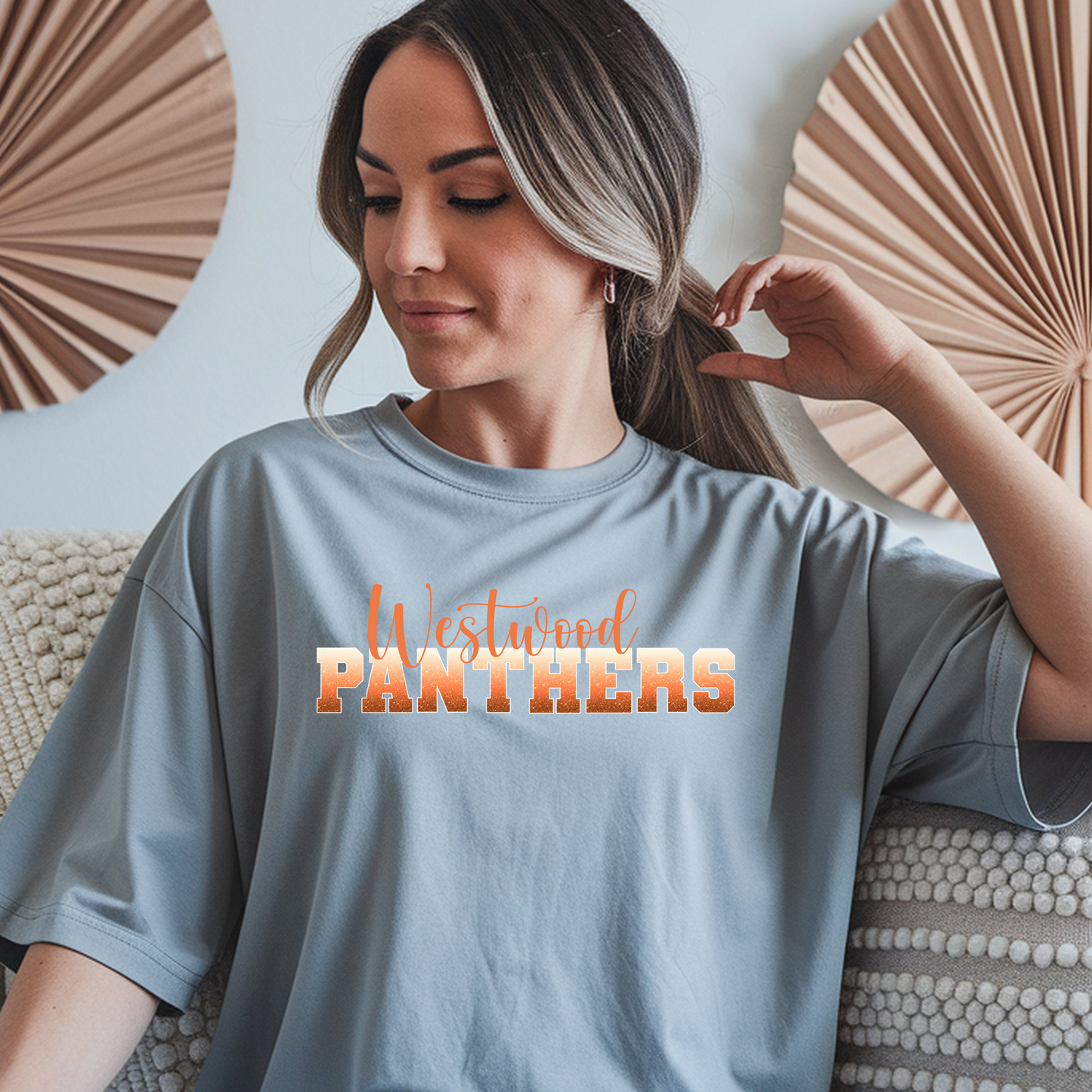 Panthers in Ombre Orange Faux Glitter with White Outline/ Westwood in Orange Font