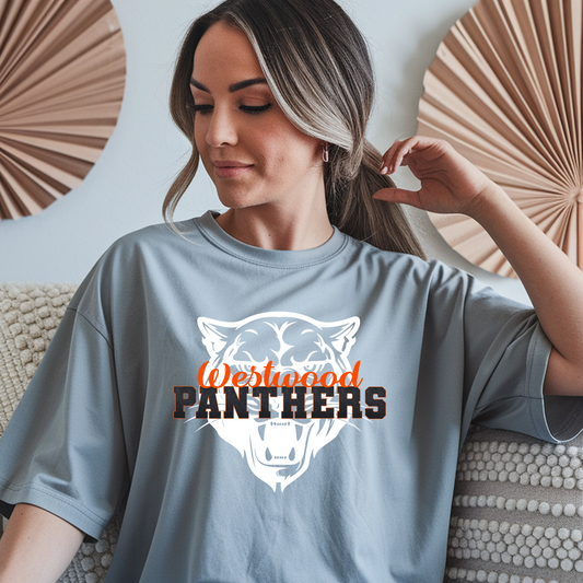 Westwood Panthers in Black Faux Glitter with Orange Westwood/Panther in Background