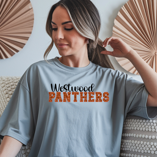 Westwood Panthers in Faux Orange Sequin with Orange Outline