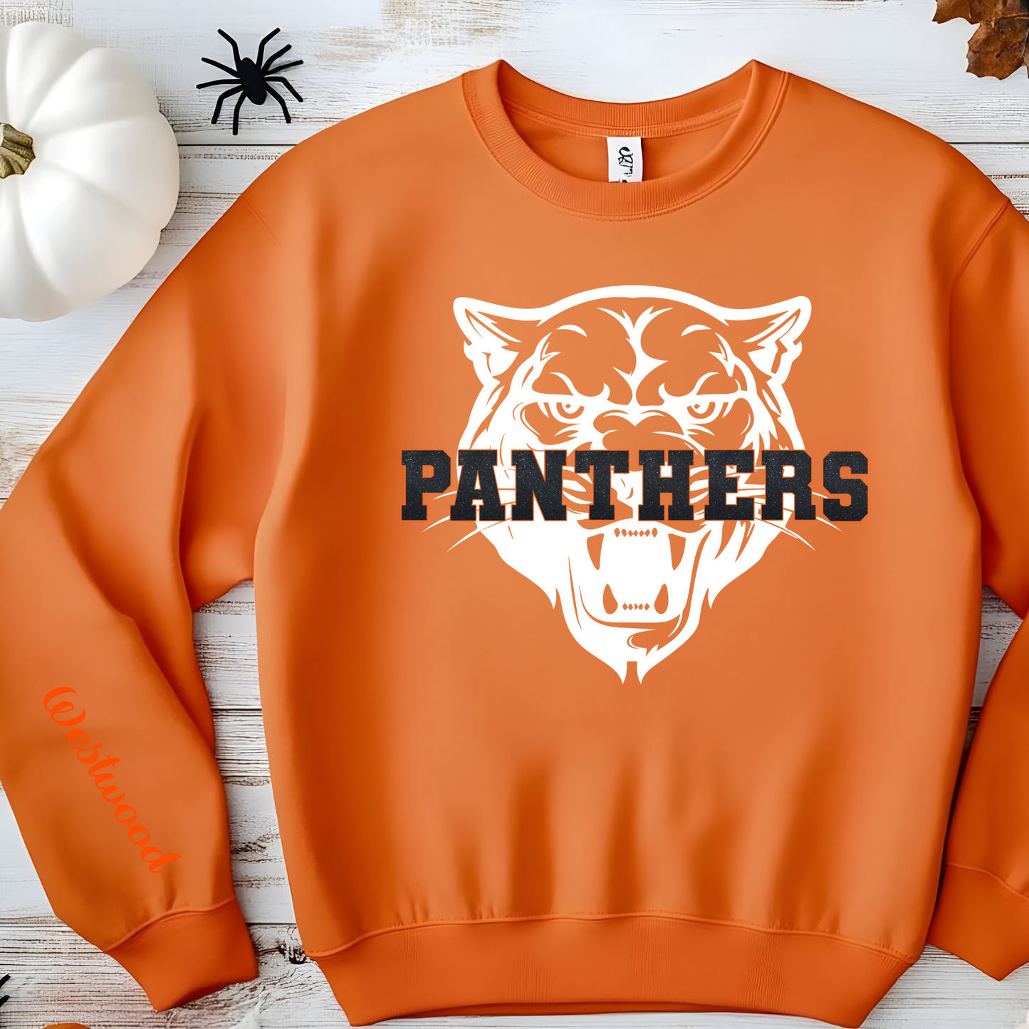 Panthers in Faux Black Glitter with Panther Head in Background- Westwood on Sleeve