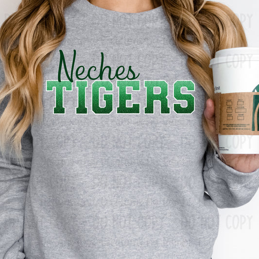 Neches Tigers Faux Glitter Green Ombre with White Outline