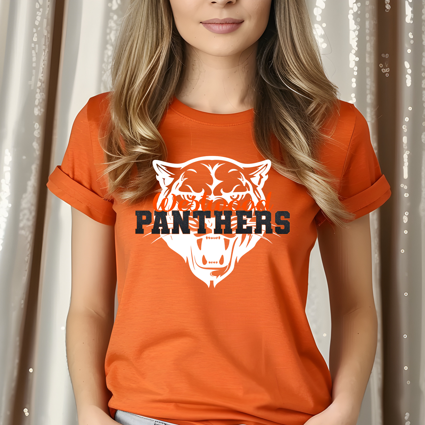 Westwood Panthers in Black Faux Glitter with Orange Westwood/Panther in Background