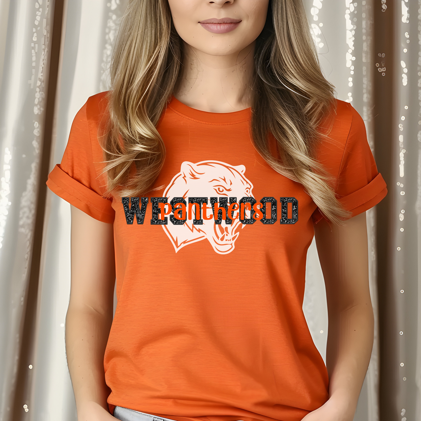 Westwood in Faux Black Glitter with Panther in Background- Orange Panthers Overlay