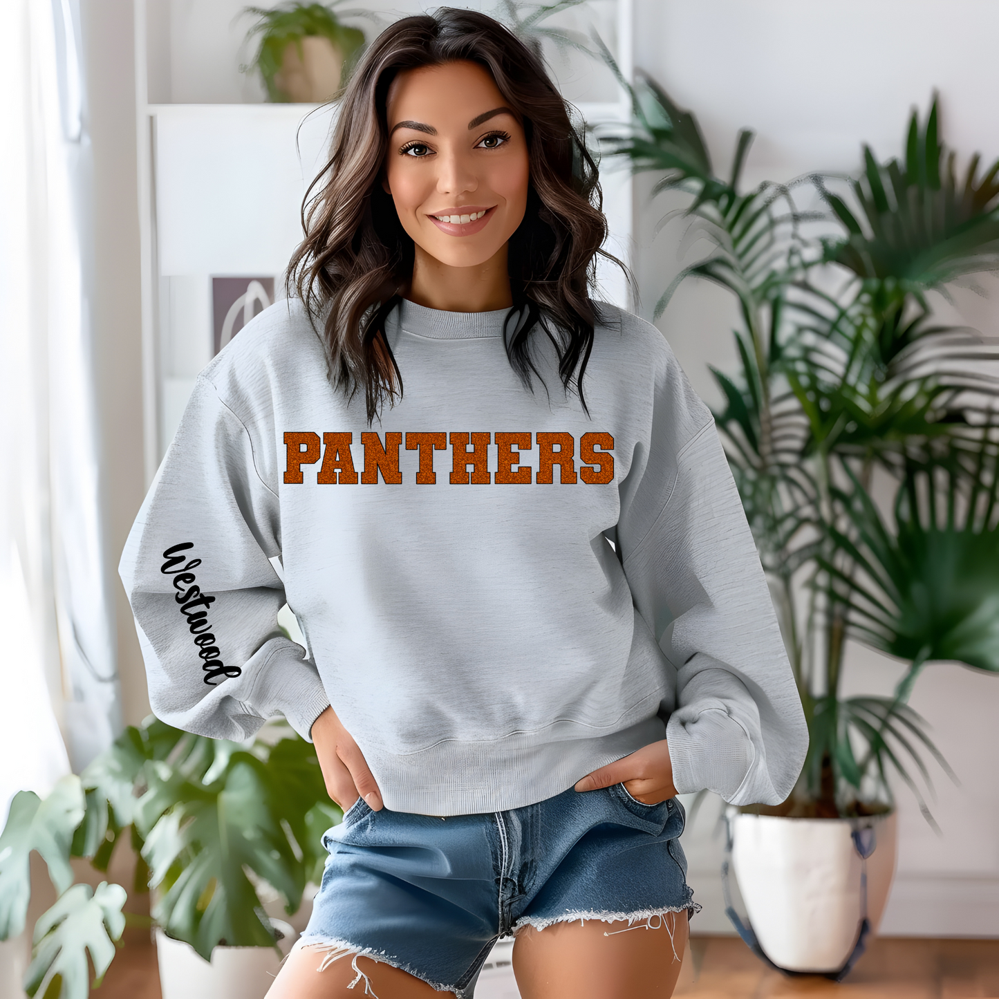 Panthers in Faux Orange Glitter with Black Outline- Westwood Black on Sleeve