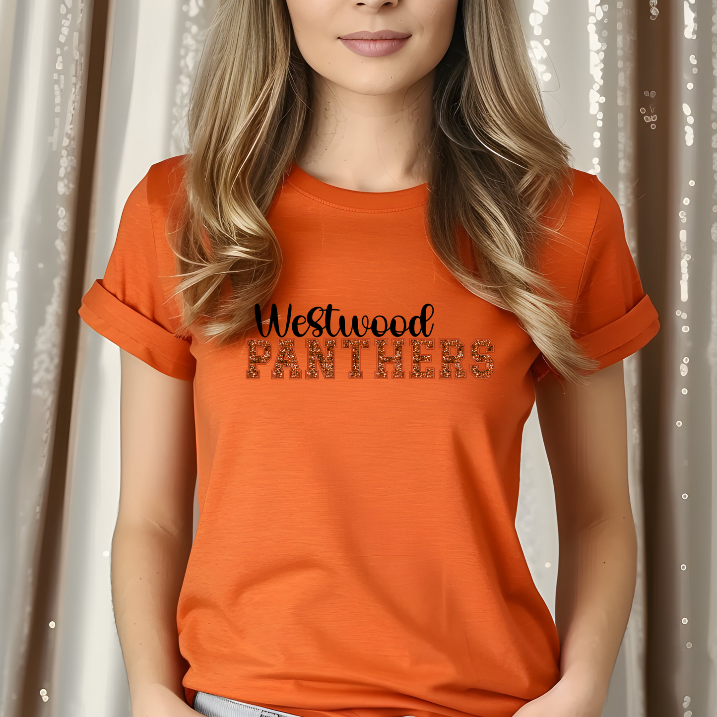 Westwood Panthers in Faux Orange Sequin with Orange Outline