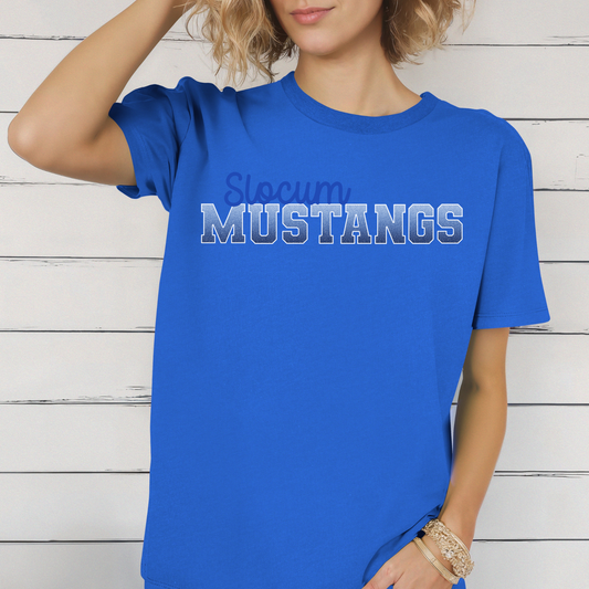 Slocum Mustangs in Faux Ombre Blue Glitter with Blue Font