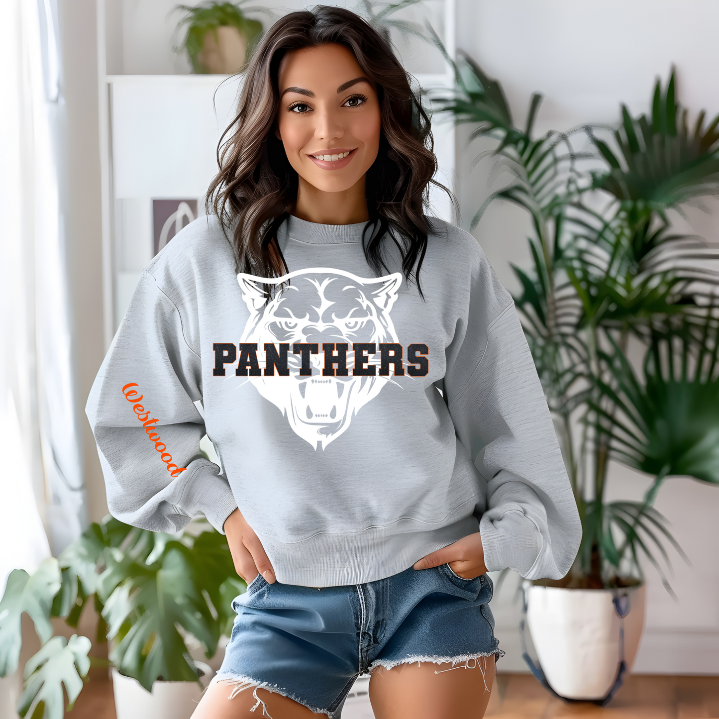 Panthers in Faux Black Glitter with Panther Head in Background- Westwood on Sleeve