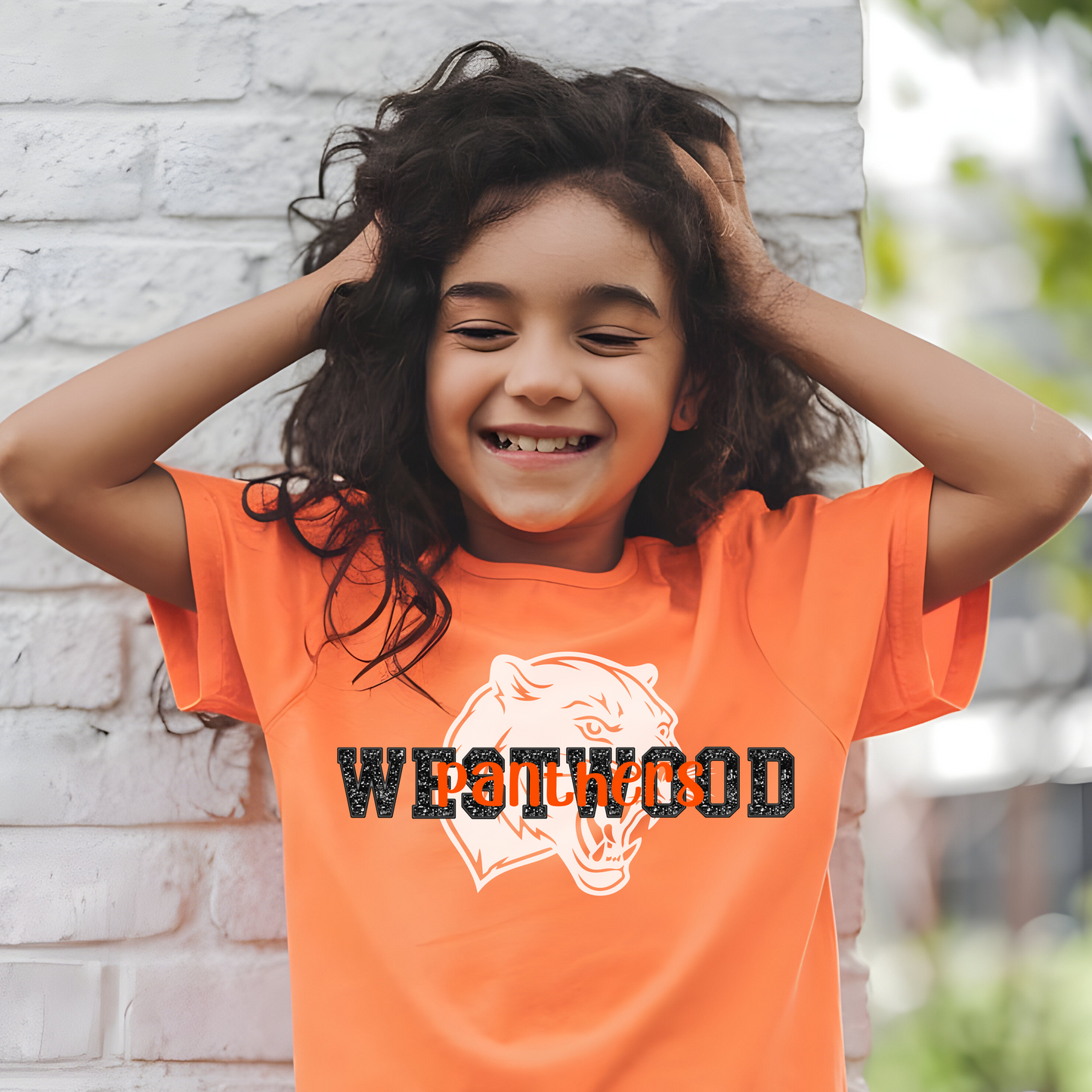 Westwood in Faux Black Glitter with Panther in Background- Orange Panthers Overlay