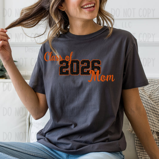 Class of 2026 Mom Faux Glitter/Embroidery Black with Orange Outline and Orange Font