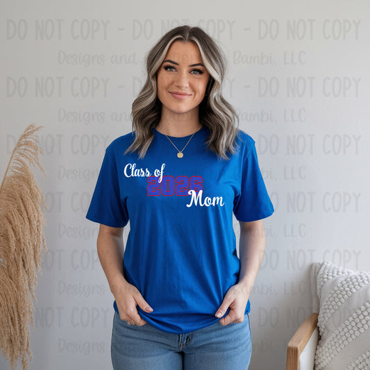 Class of 2026 Mom Faux Glitter/Embroidery Blue with Red Outline and White Font