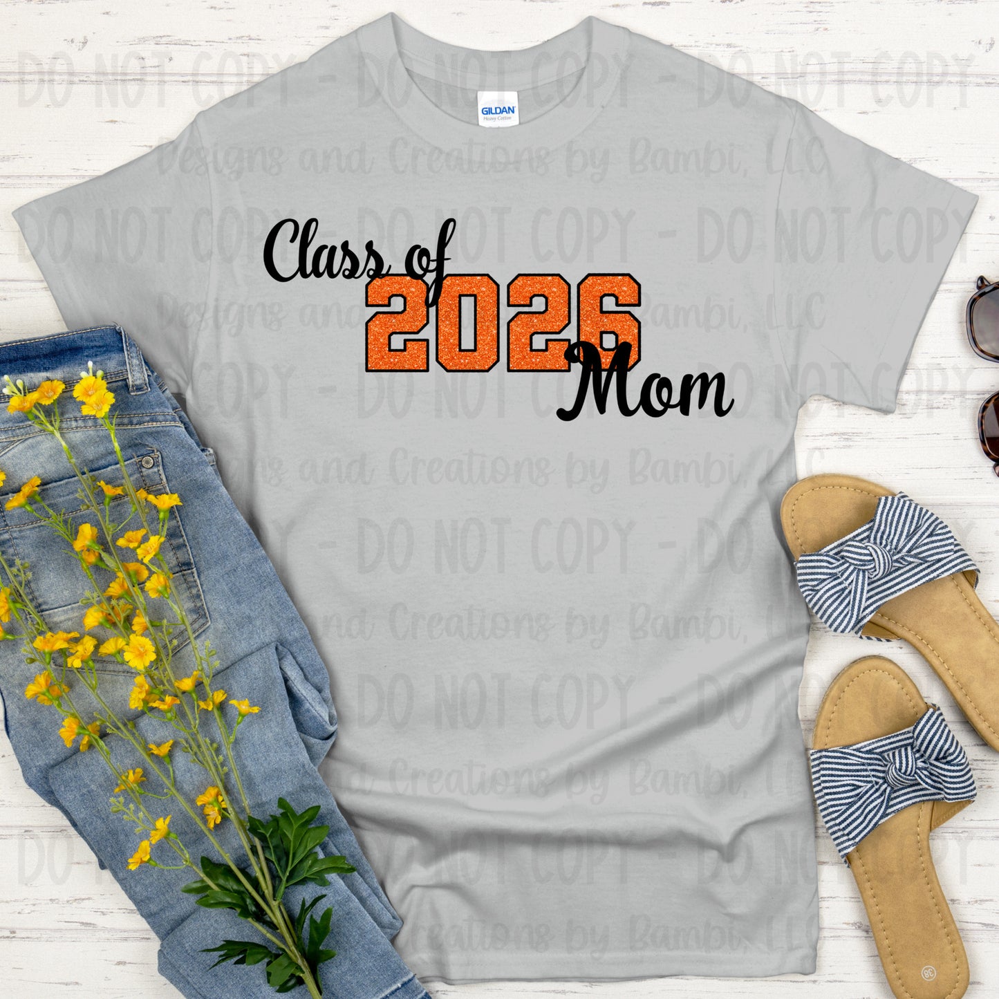 Class of 2026 Mom Faux Glitter/Embroidery Orange with Black Outline and Black Font