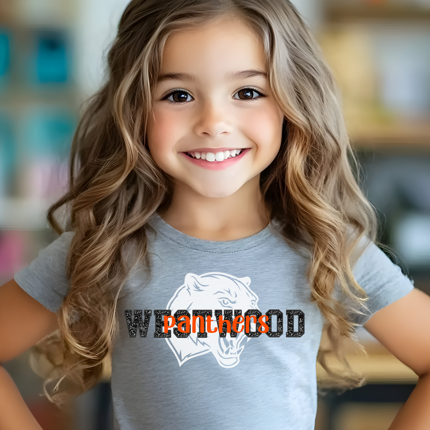 Westwood in Faux Black Glitter with Panther in Background- Orange Panthers Overlay