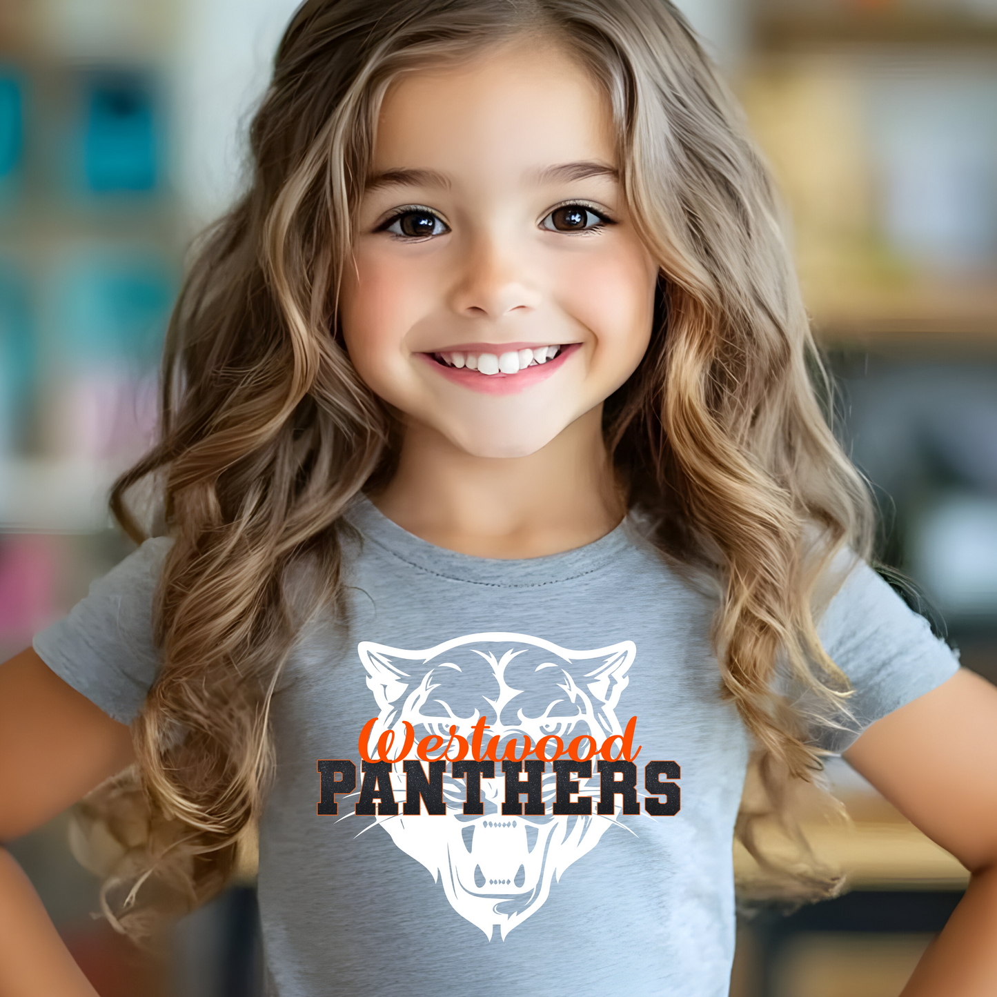 Westwood Panthers in Black Faux Glitter with Orange Westwood/Panther in Background